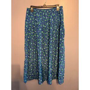 VTG Polyester Floral Mid Length Floral Skirt SZ14  Blue & Green Cottagecore, 80s
